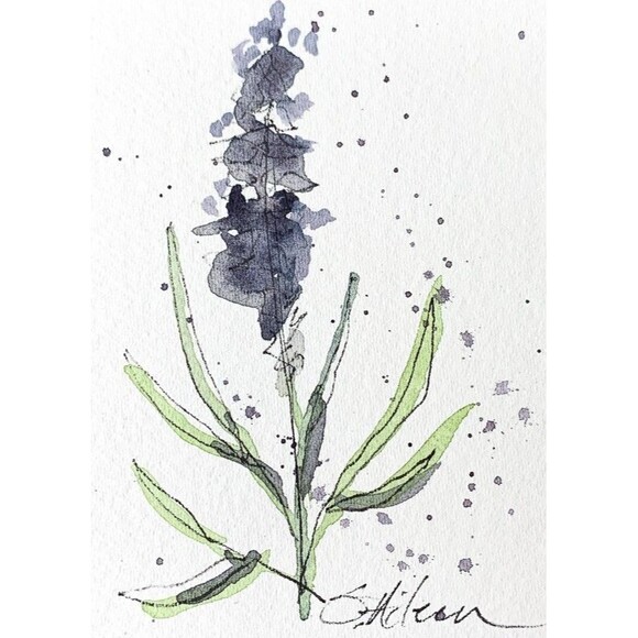 ACEO Painting Watercolor Ink Lavender Flower Purple Botanical Minimalist Signed - Picture 1 of 2
